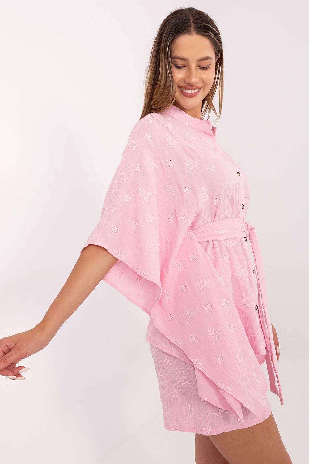 Luxurious Lakerta Elegant Cotton Shirt and Shorts Set in breathable muslin with delicate embroidery, perfect for summer days, showcasing stylish design features and comfort.