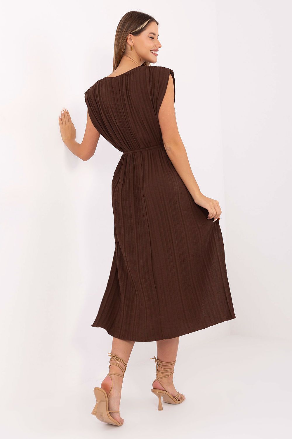 Full view of Italy Moda Luxury Summer Midi Dress with subtle side slits and belted waist, designed for stylish comfort during the summer.