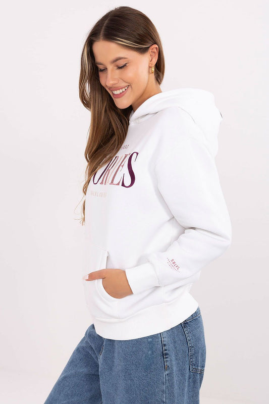 Luxury women's casual sweatshirt with hood and kangaroo pocket from Sublevel, showcasing the exquisite fabric and stylish design.