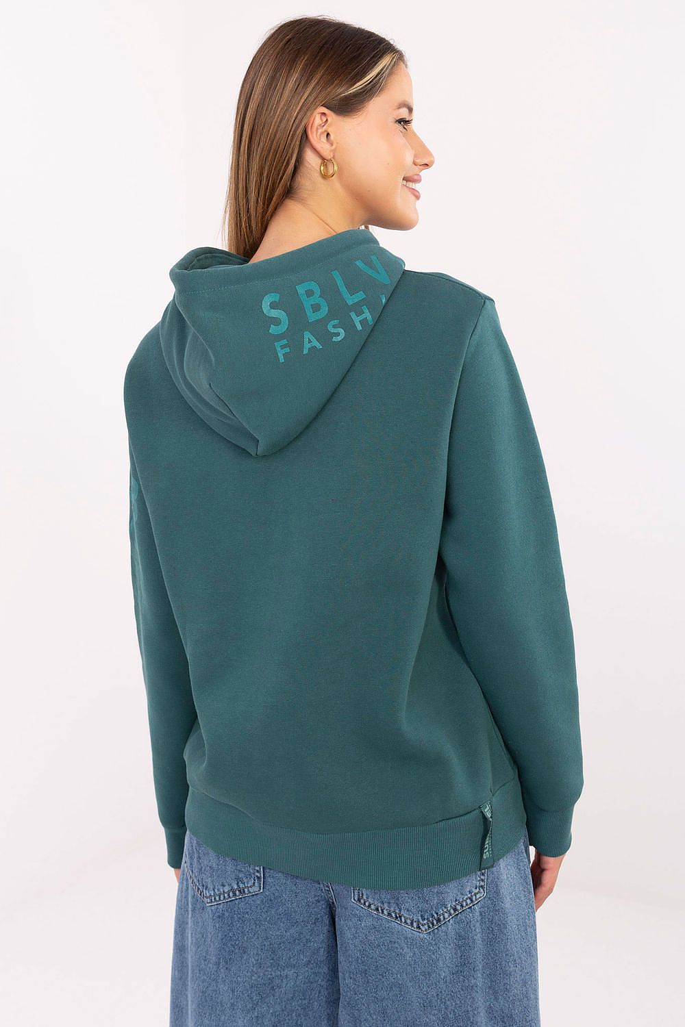 Sublevel luxury women's hoodie sweatshirt, displayed with kangaroo pocket and stylish details for a chic casual look.