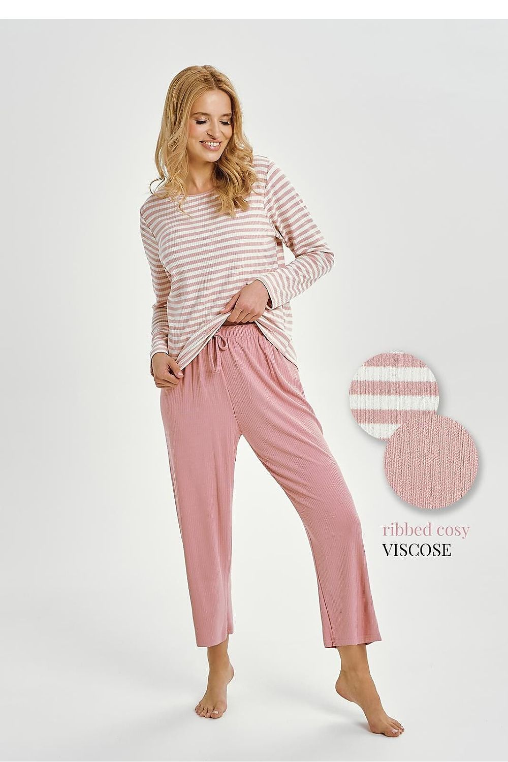 Luxurious women's pajama set by Taro, crafted from soft viscose with adjustable drawstrings for superior comfort. Features a delicate ribbed structure and a loose fit for ultimate relaxation and serene sleep.