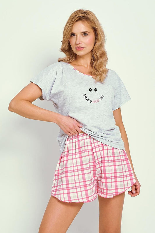 Luxury women's cotton pyjama set by Taro featuring a comfortable short sleeve top and stylish shorts, perfect for warm nights.