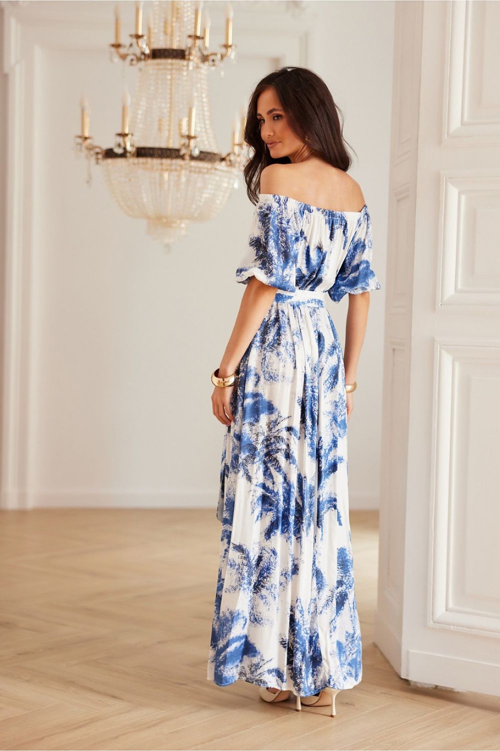 Full body display of the Mia Spanish Neckline Summer Dress by Roco Fashion, featuring a stylish high slit, short sleeves, and a flattering fabric belt, ideal for sophisticated summer styling.