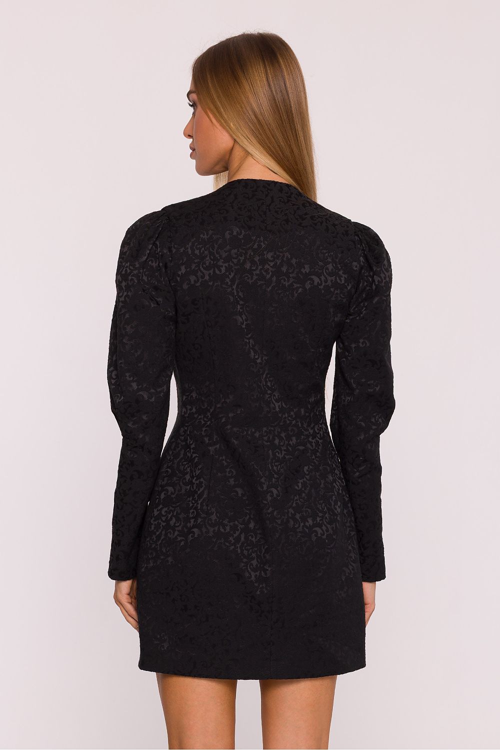 Elegant Jacquard Cocktail Dress by Moe featuring a deep V-neckline and delicate puff sleeves, available in sizes S-XL, perfect for sophisticated evening outings.