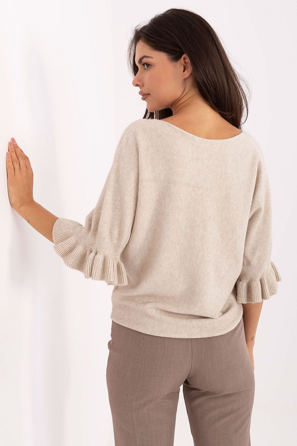 Elegant Viscose-Polyester Women's Jumper by Italy Moda with ruffle sleeves, perfect for stylish occasions, showcasing a timeless design and luxurious comfort.