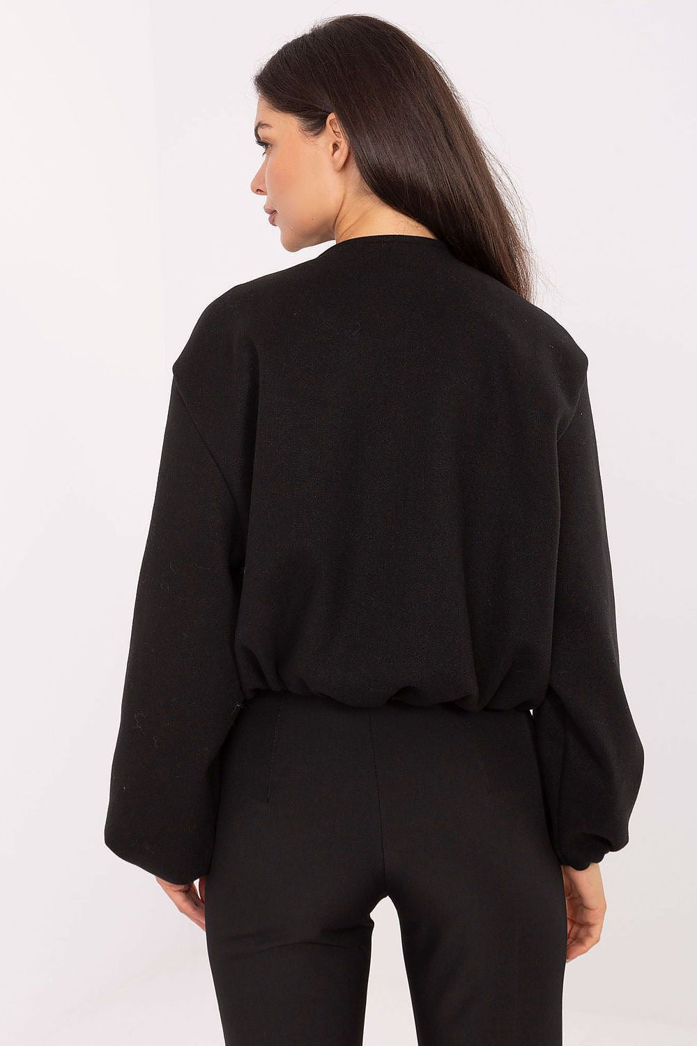 Model wearing the Rue Paris luxurious women's transitional jacket, perfect for everyday wear in the transitional season.