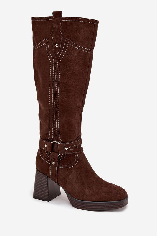 Close-up of Step in Style eco suede knee-high heel boots, featuring a luxurious post heel and meticulous stitching details for an exquisite fashion statement.