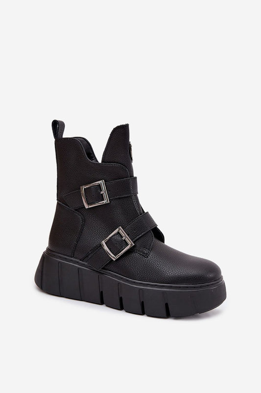 Close-up of Vinceza Women's Luxury Leather Ankle Boots featuring decorative buckle straps and zipper closure, crafted for a chic look by Step in Style.