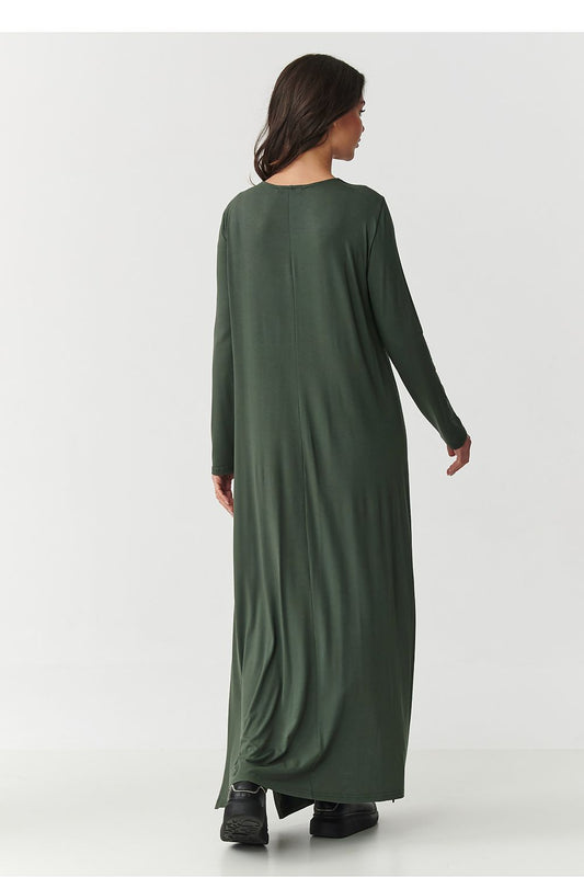 Chic display of the Makadamia Luxe Long Maxi Dress draping beautifully, highlighting its high-quality viscose fabric and sophisticated silhouette, suitable for any occasion.