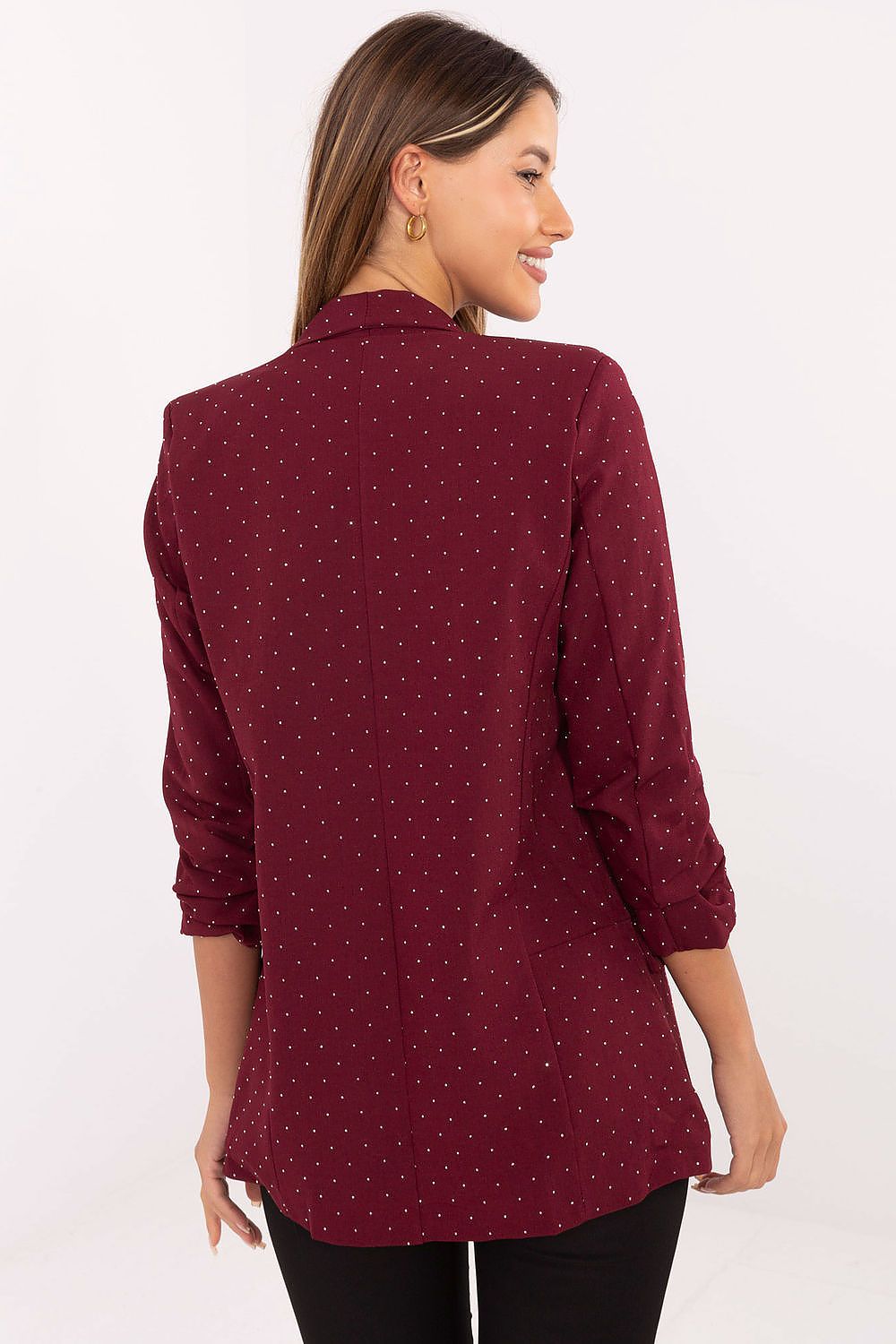 Full-length shot of Italy Moda's glamorous sequin blazer, emphasising its feminine design and ideal fit for formal events.