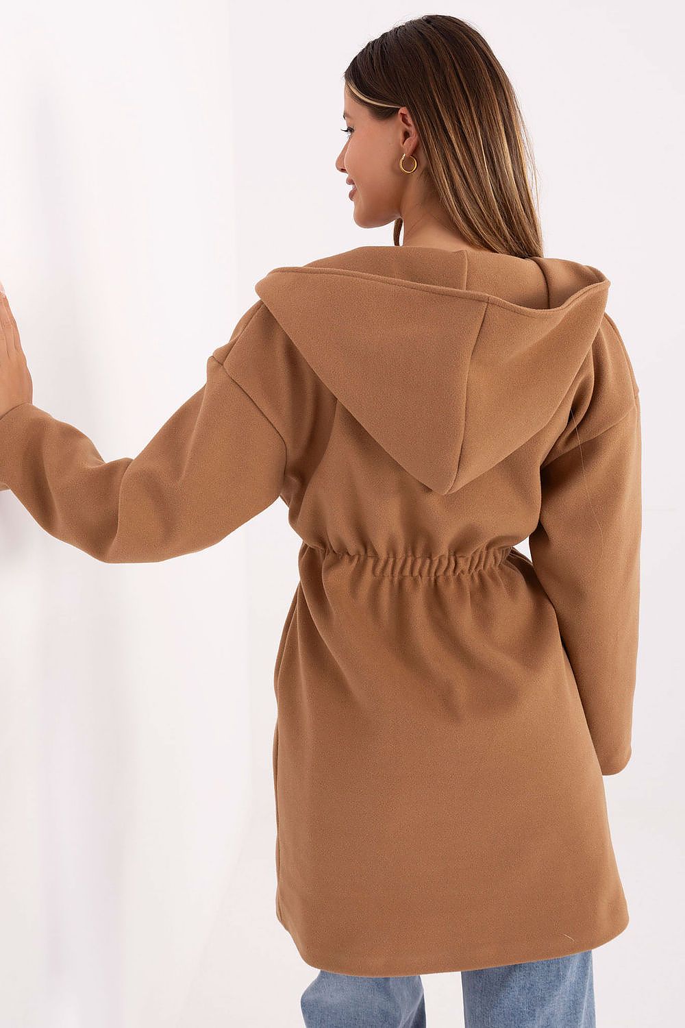 Detailed shot of the Rue Paris coat, featuring luxurious polyester fabric and elegant design details, perfect for sophisticated attire.