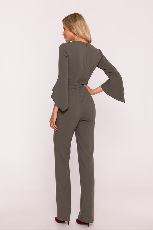 Stylish women's jumpsuit from Stylove featuring elegant ruffled sleeves and a V-neck design, perfect for receptions and special occasions.