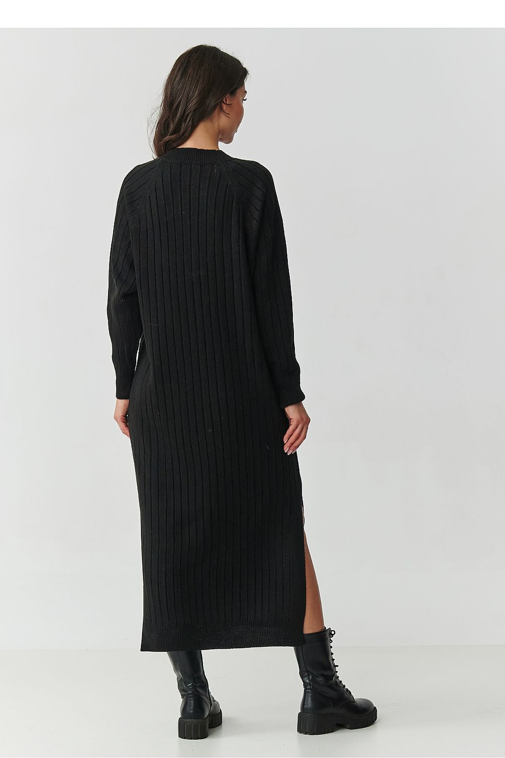 Showcase of the Makadamia Long Sweater Dress in multiple muted colors including black and cappuccino, ideal for elegant everyday wear.