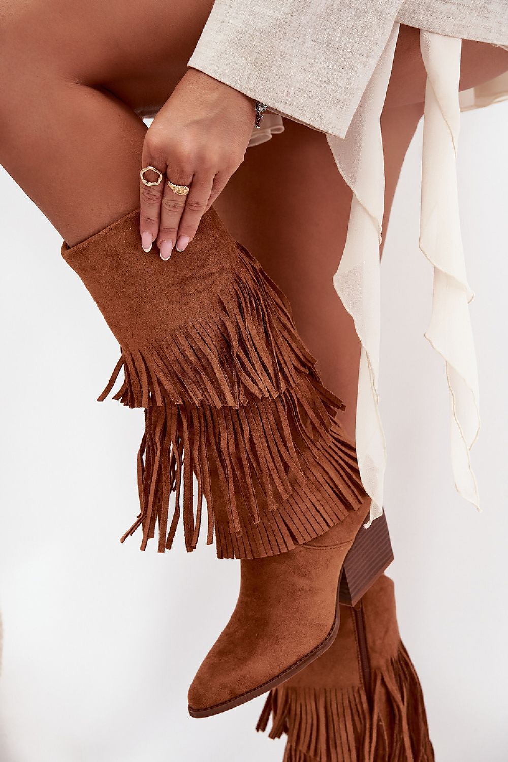 Step in Style's stylish and warm eco suede cowgirl boots featuring fringes, ideal for creating unique fashion looks.