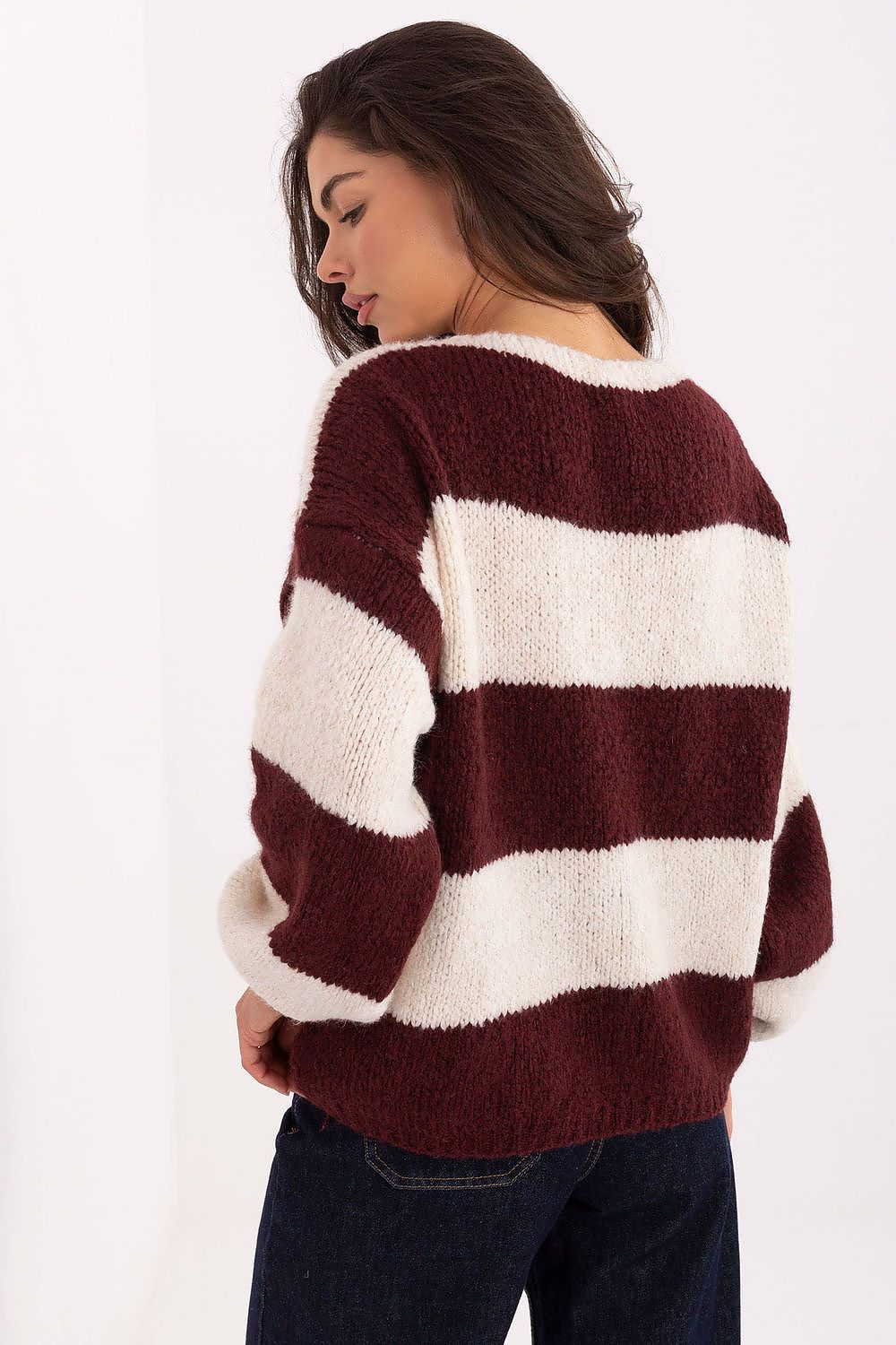 Elegant oversized striped cardigan for women by Rue Paris, featuring a unique front tie detail that combines warmth and modern style, perfect for casual chic outfits.