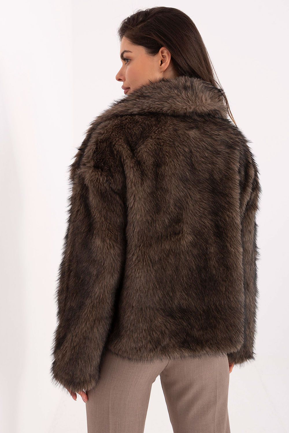 Close-up of Rue Paris Elegant Women's Fur Jacket, highlighting the exquisite texture and detail of the fabric blend, designed for comfort and sophistication in everyday wear.
