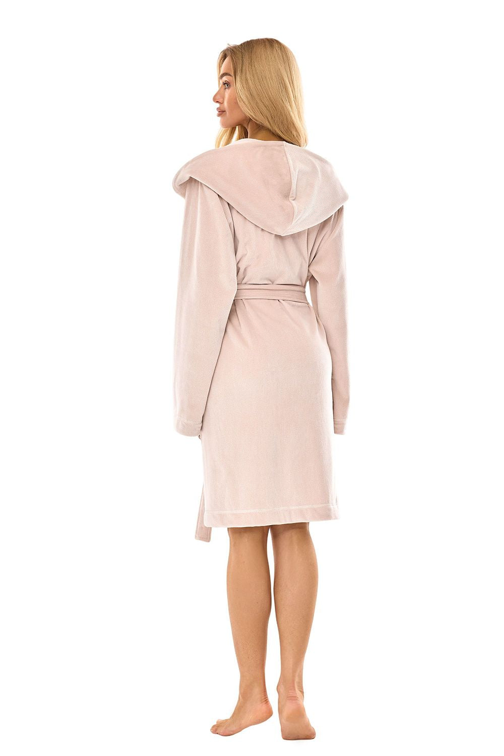 L&L collection's sophisticated knee-length bathrobe showcasing a chic tie waist, ideal for a serene evening at home.