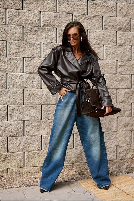 Close-up of the durable, soft material of the Lorina Jacket by Roco Fashion, imitating leather with a luxurious finish.