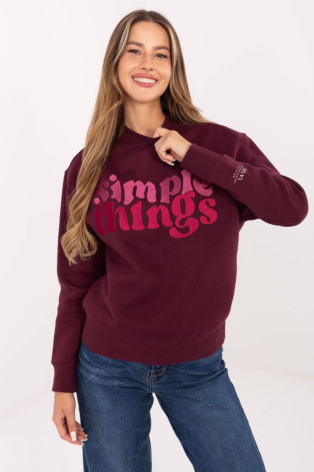 Elegant women's cotton blend sweatshirt from Sublevel, highlighting a sophisticated embroidered design, ideal for casual chic outfits.