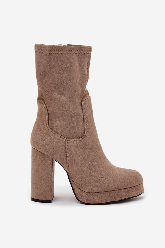 Close-up view of Step in Style eco suede ankle boots, showcasing the refined texture and elegant design with a high heel, ideal for sophisticated styling.