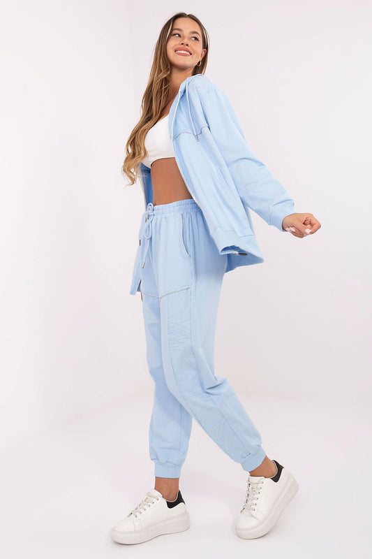 Close-up of Relevance's luxurious women's tracksuit set showcasing the soft cotton fabric and modern design, ideal for fashionable casual outings.