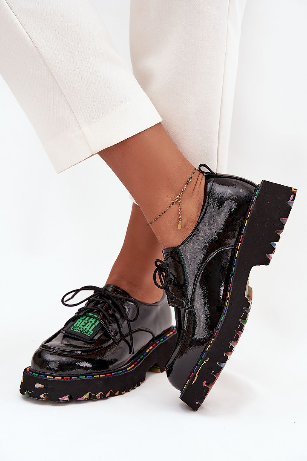 Elegant women's lace-up half shoes in natural patent leather by Step in Style, featuring a modern design on a flat heel platform, sizes EU 36-41.