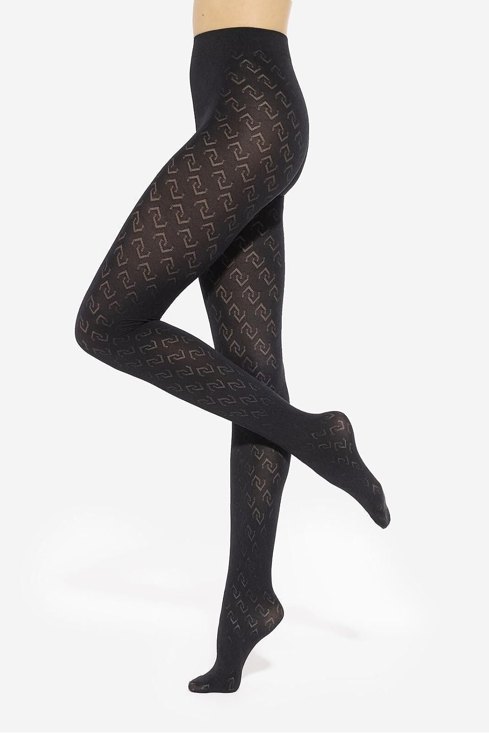 Close-up of Gatta Loretta 50 DEN black tights showcasing the intricate geometric design and matte finish, ideal for both casual and formal outfits.