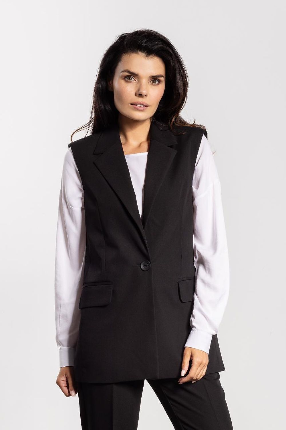 Elegant Awama Gilet Vest for Women in a luxurious classic cut with flap pockets, available in sizes S to XL, ideal for both business and casual styling.