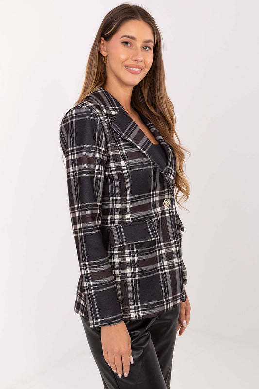 Elegant women's checkered blazer with shoulder pads by Rue Paris, showcasing a sophisticated casual style for everyday wear and work.