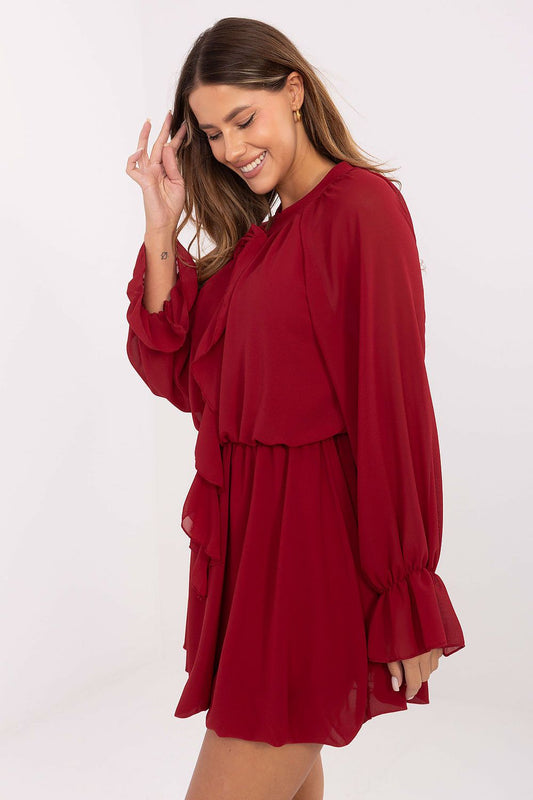 Women's classy flared cocktail dress by Rue Paris, showcasing a chic round neckline and comfortable fit for parties.