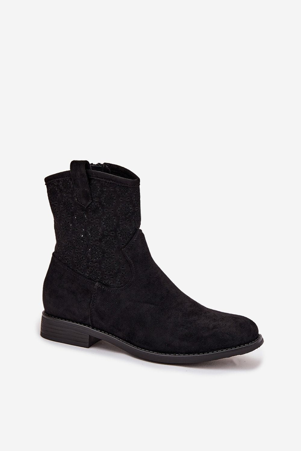 Chic S.Barski women's eco suede ankle boots with a unique lacy design, ideal for modern stylish ensembles.