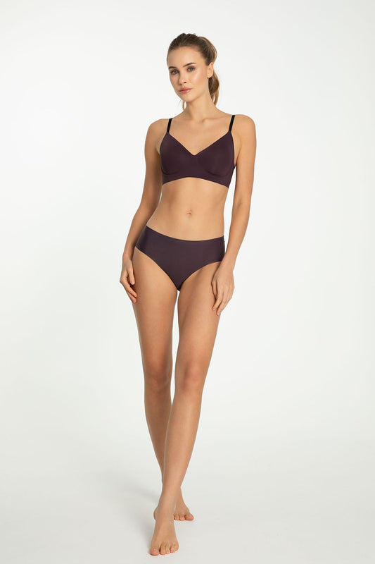 Close-up of Julimex Dark Plum Simple Classic Panties highlighting soft fabric blend of cotton, spandex, and polyamide, designed for a perfect fit and subtle feminine charm.