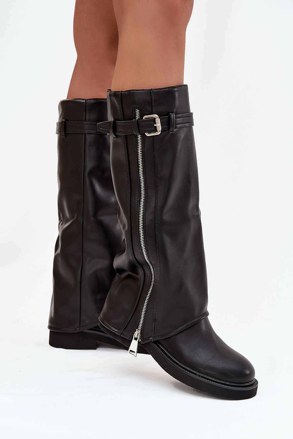 Stylish women's eco leather thigh-high boots by Step in Style, showcasing fashionable buckle details and practical zipper, perfect for both casual and feminine outfits.