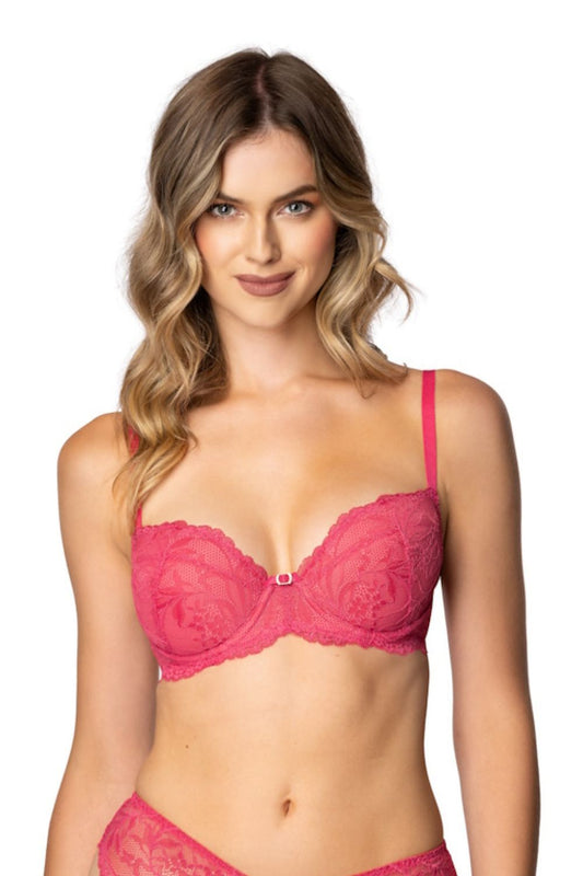Luxurious raspberry push-up bra featuring delicate lace accents by Mat, designed for a flattering fit and everyday sophistication.