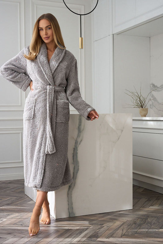 Close-up of luxurious star embroidery on L&L collection women's bathrobe, highlighting the soft, fluffy knit texture and refined stitching details.