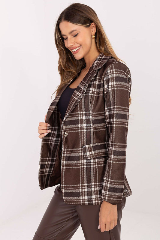 High-quality polyester women's blazer with a checked pattern from Rue Paris, designed for stylish daily wear.