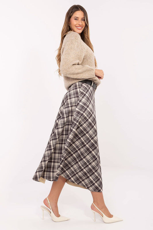 Elegant Rue Paris Casual Midi Skirt in Timeless Check, showcasing its flared cut and elastic waistband - perfect for chic everyday wear.