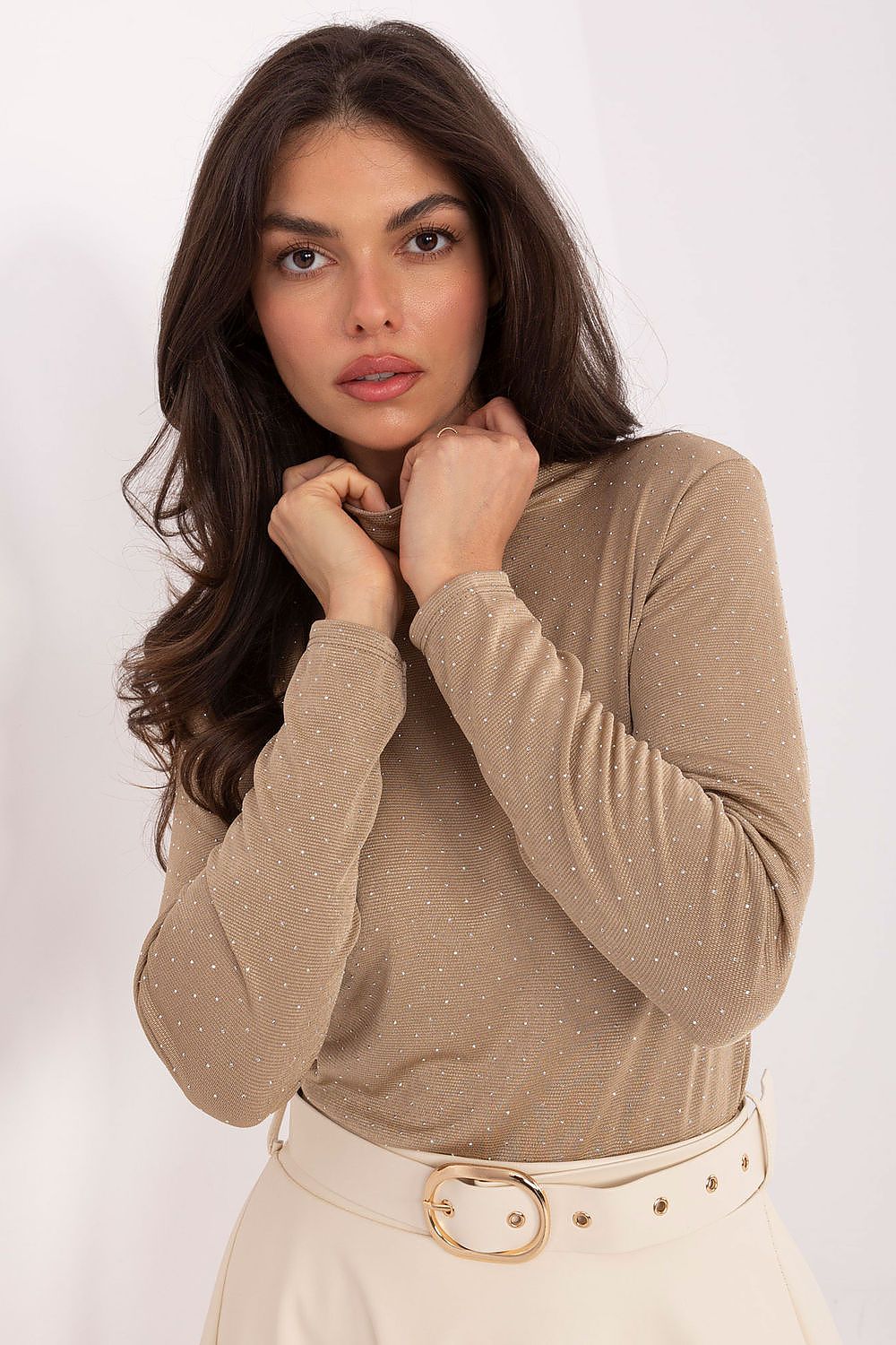 Elegant fitted blouse with decorative studs and turtleneck by Rue Paris, made from a soft viscose-polyester blend, perfect for formal occasions or parties.