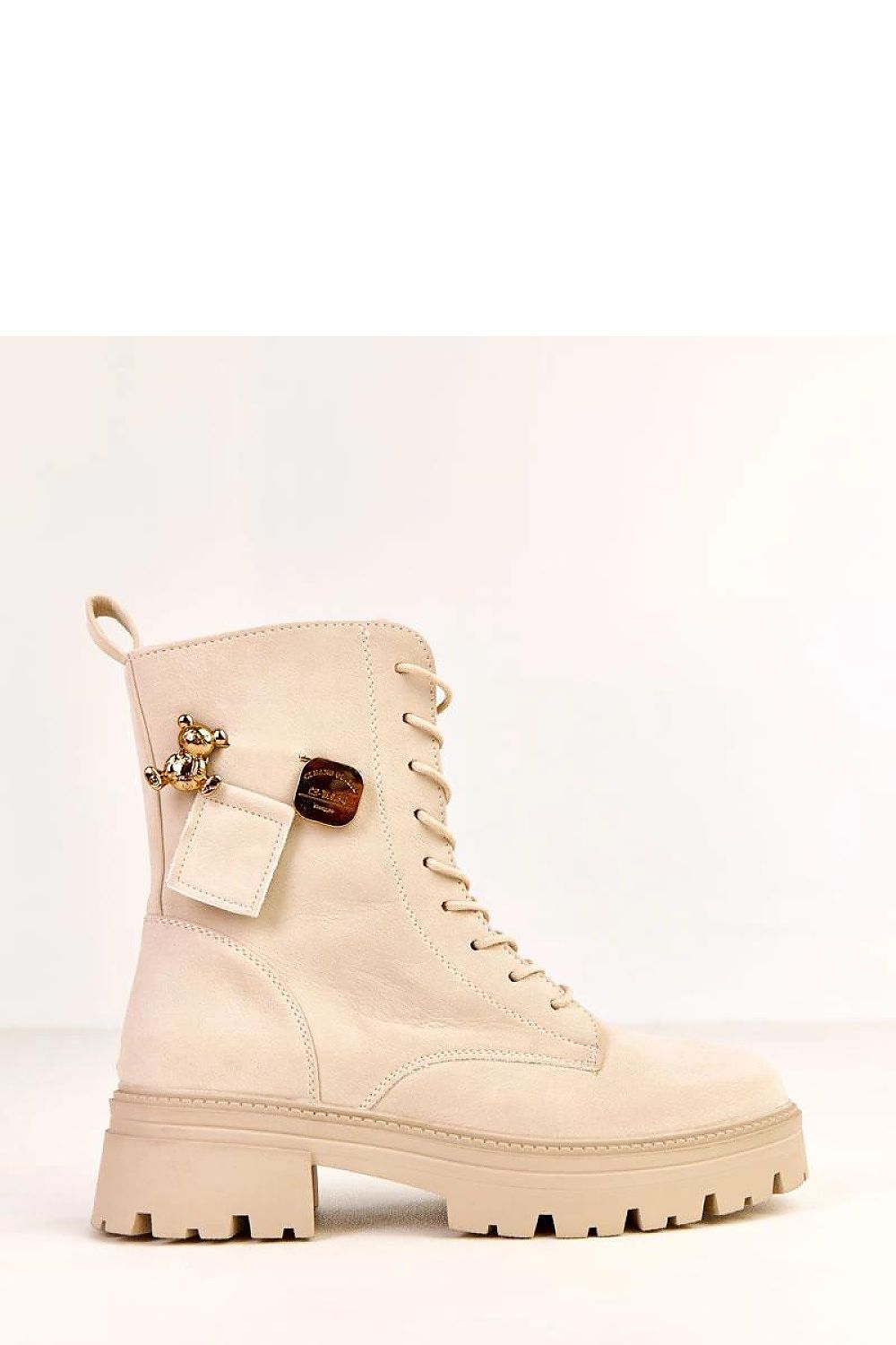 Close-up of Solea eco-leather women's work boots showcasing intricate design details, including laces and side zipper for easy wear, combined with a luxurious gold charm, exemplifying style and practical elegance.