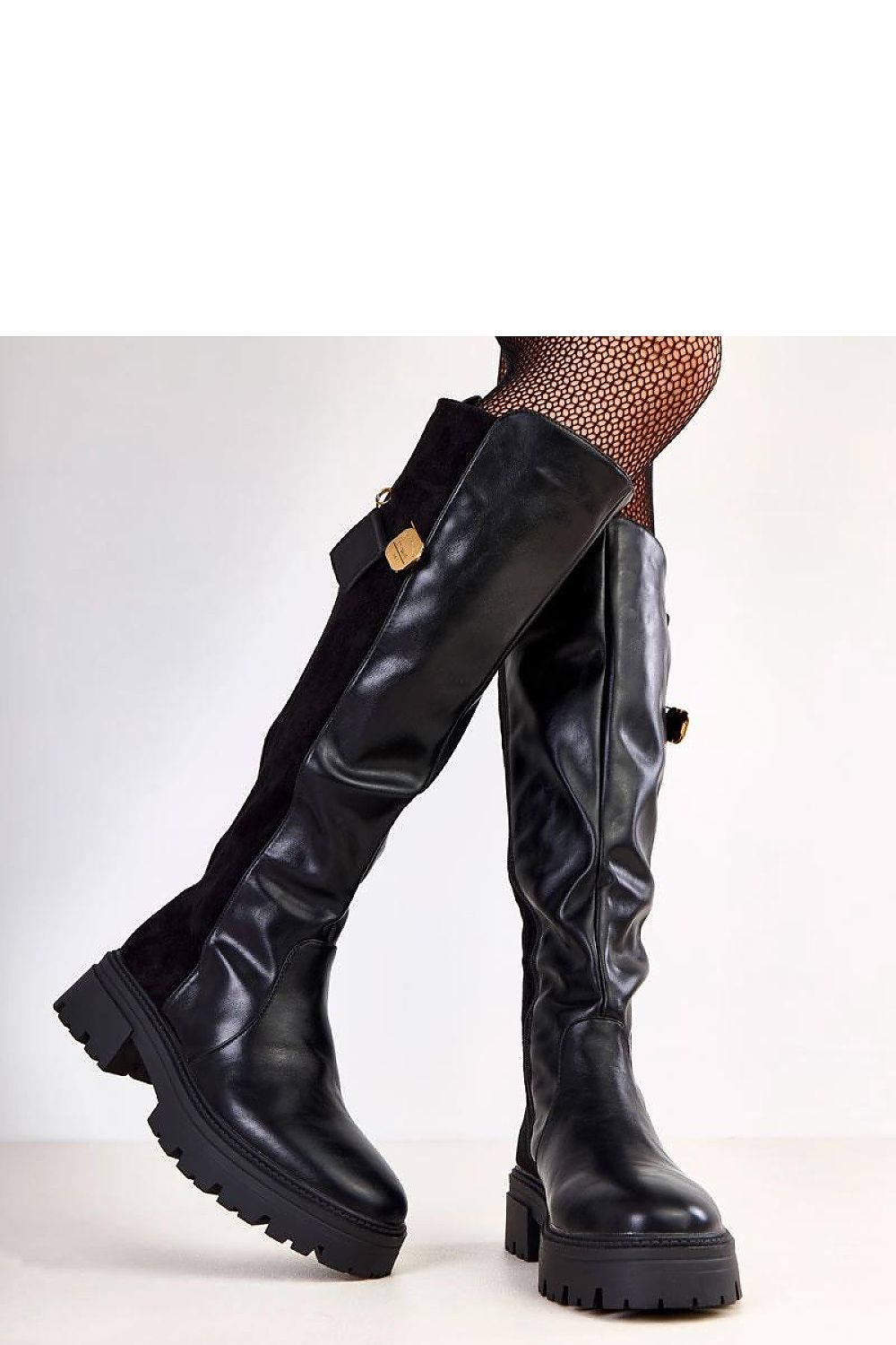 High-quality synthetic leather knee-high boots by Solea, showcasing a classic design with contemporary gold clasp accents for stylish warmth.
