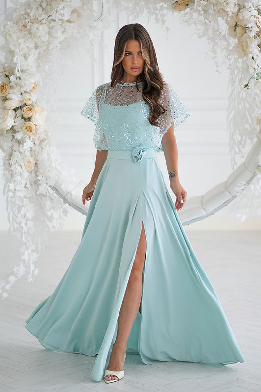 Bicotone elegant lightweight long dress in sizes EU 38 to 48, featuring a beautiful sequin bolero, perfect for special evening occasions.