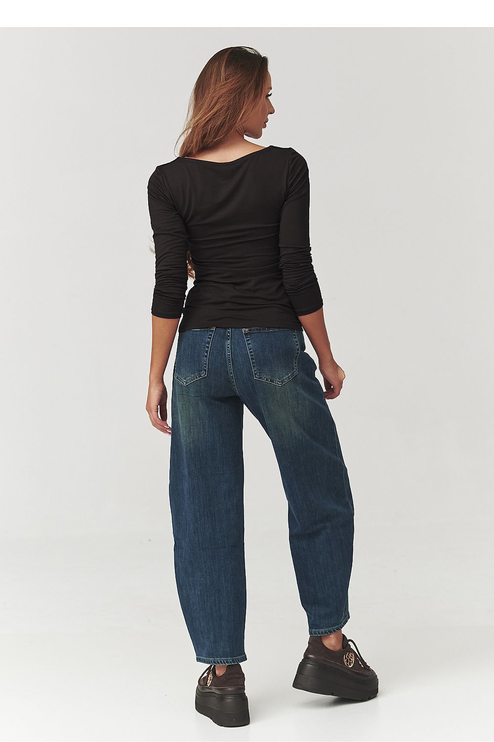 Elegant women's blouse by Makadamia featuring a stylish checkered neckline, available in burgundy, black, chocolate, and ecru, perfect for chic casual or formal outfits.