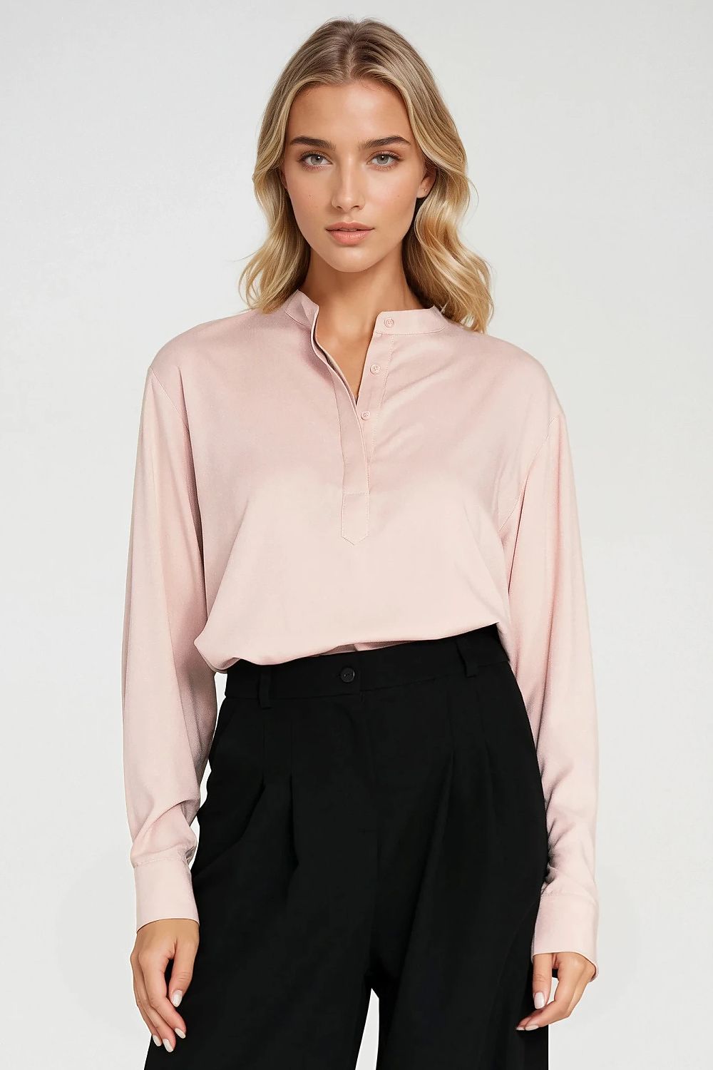 Luxurious long-sleeve viscose blouse from Nife, showcasing a minimalist design with a covered placket and classic cuffed sleeves.