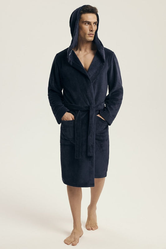 Luxury Henderson men's hooded bathrobe in elegant fabric, featuring long sleeves, knee-length design, and convenient pockets, showcasing its perfect fit for relaxation at home.