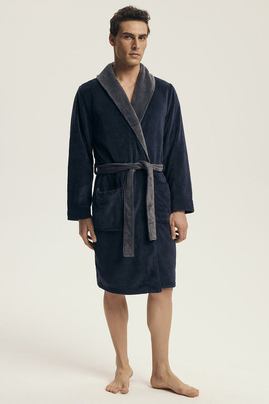 Henderson dressing gown showcased in smooth fabric, tailored with a classic look and adjustable belt tie for a personalised fit.
