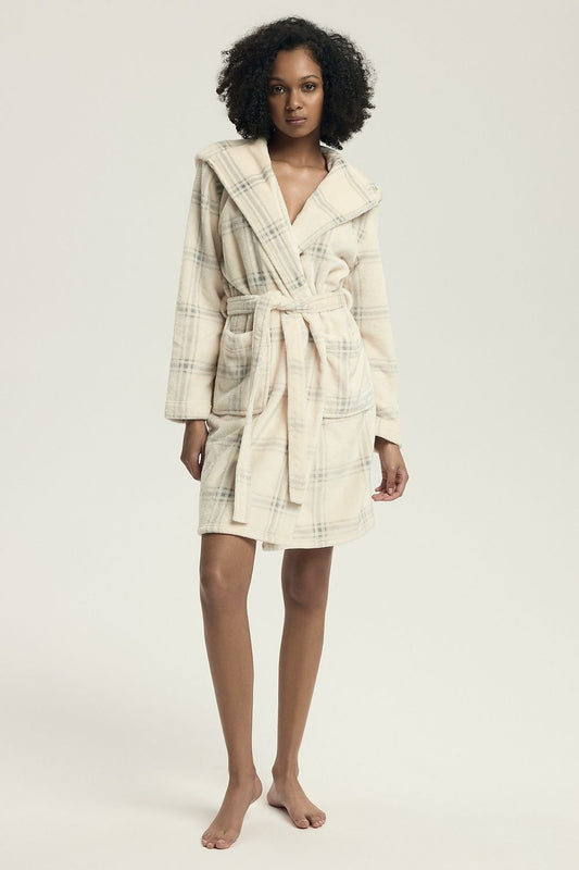 Elegant Henderson women's bathrobe with a comfortable loose fit, featuring a stylish hood and belt tie for a perfect silhouette.
