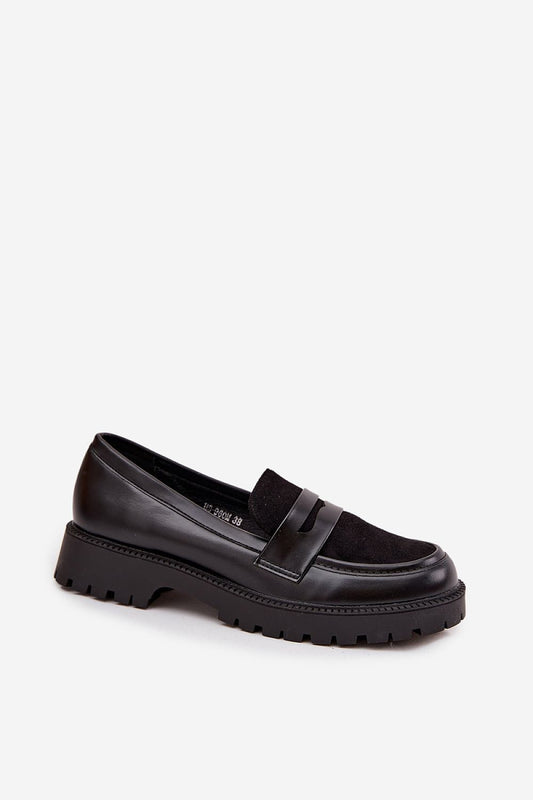 Close-up view of Step in Style elegant women's eco leather loafers, highlighting the unique contrast suede insert and refined rounded toe for a luxurious touch.