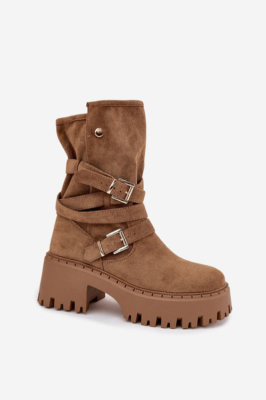 Step in Style Women’s Eco Suede Ankle Boots showcasing a sophisticated design with gold buckles, a rounded toe, and 7 cm heel height.
