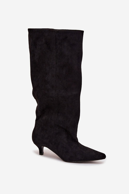 Close-up of Step in Style Eco-Suede Women's Heel Boots, highlighting the exquisite stitching and soft texture, perfect for chic everyday wear.