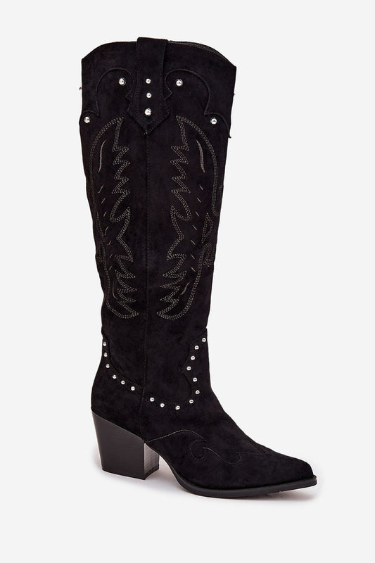 Close-up of decorative stitching and embellishments on women's faux suede cowboy heel boots from Step in Style, showcasing luxury craftsmanship.